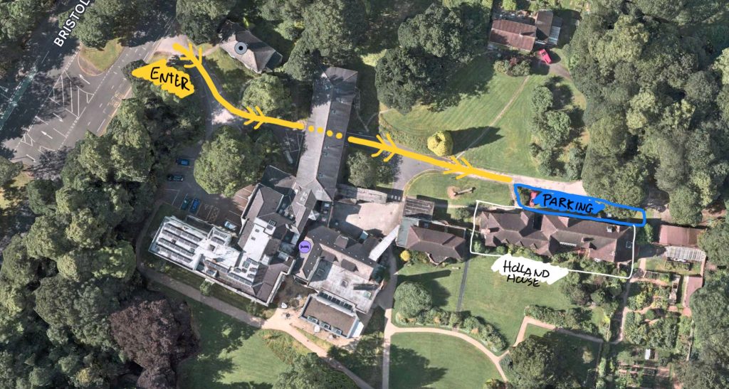 A map showing the entry via the road, forward under a building, along a track and illustrating parking in fount of the building.